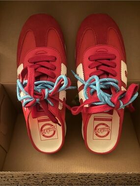 Back 70 Street Wear NWT Red Sneaker mules w White Side Stripes and Blue Laces